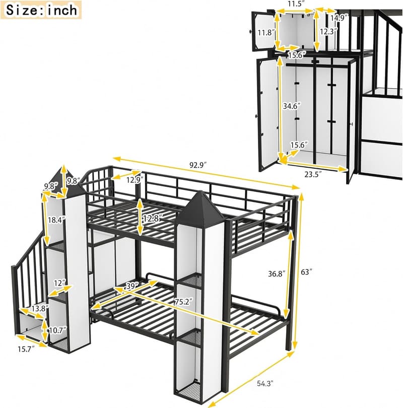 Castle-Shaped Twin Bunk Bed with Storage for Teens, Black