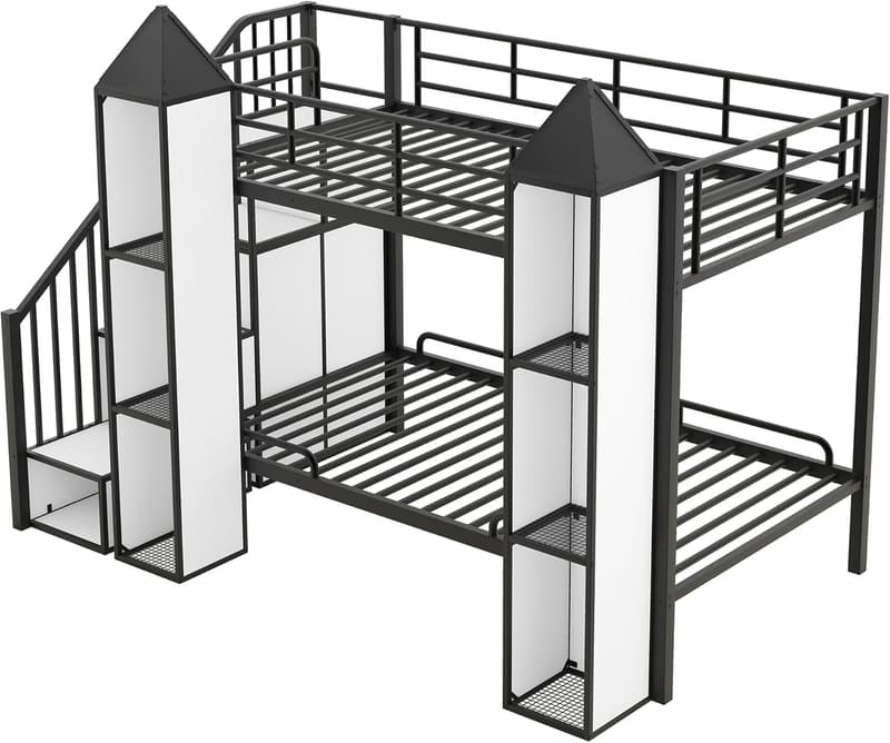 Castle-Shaped Twin Bunk Bed with Storage for Teens, Black