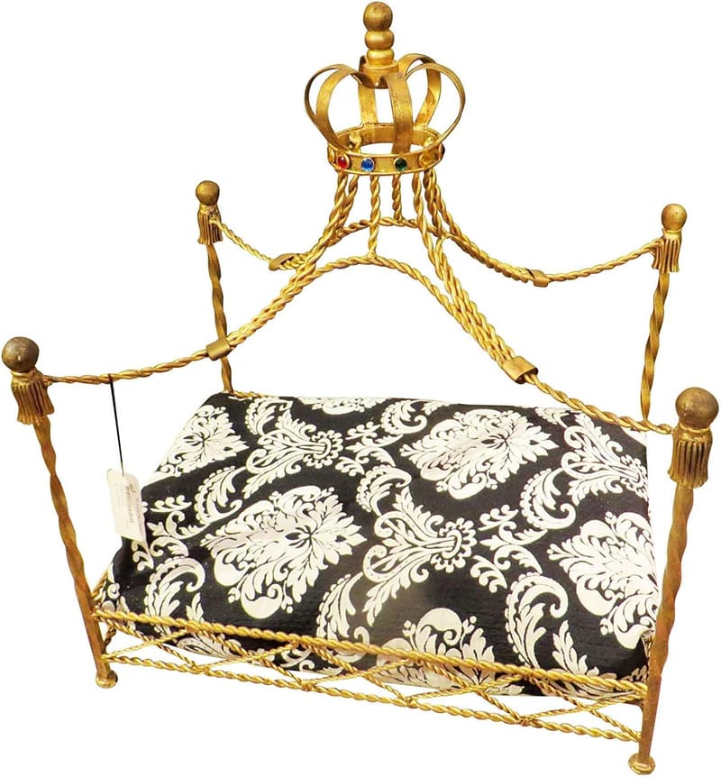 Ornate Gold Iron Dog Bed with Jeweled Canopy and Tassels
