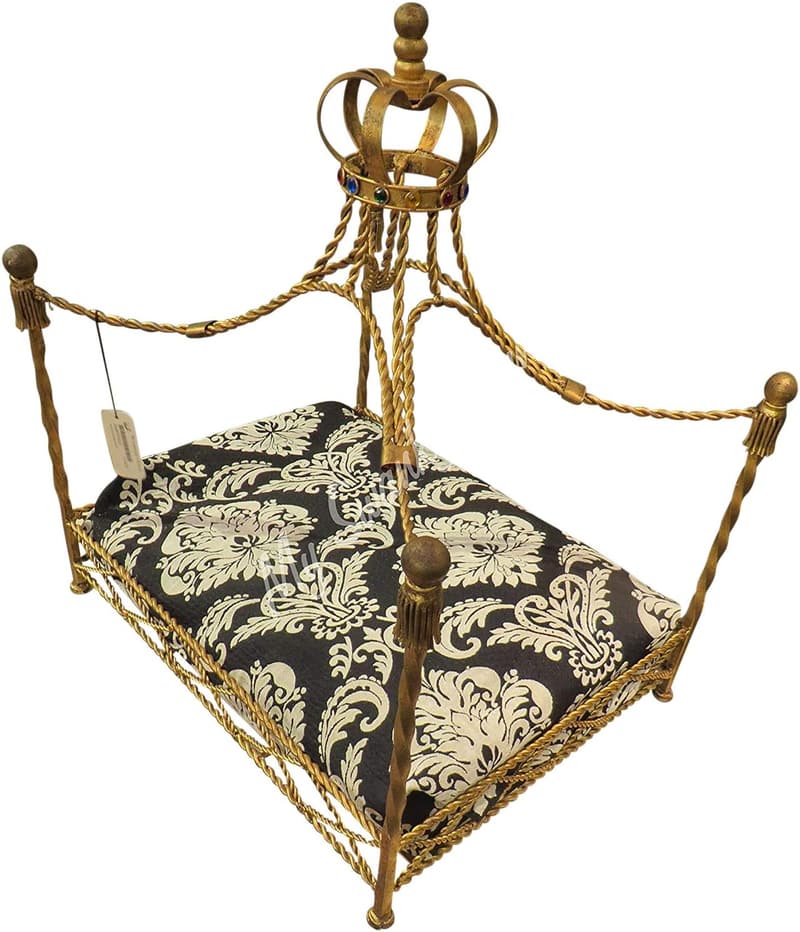 Ornate Gold Iron Dog Bed with Jeweled Canopy and Tassels