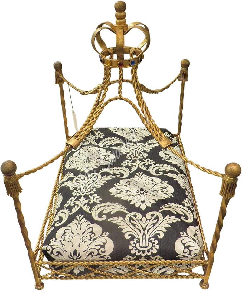Ornate Gold Iron Dog Bed with Jeweled Canopy and Tassels