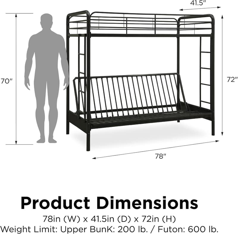 Twin-Over-Futon Convertible Couch Bed with Metal Frame - Black