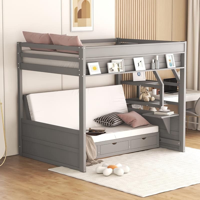 Gray Full Over Full Bunk Bed with Stairs and Storage Drawers
