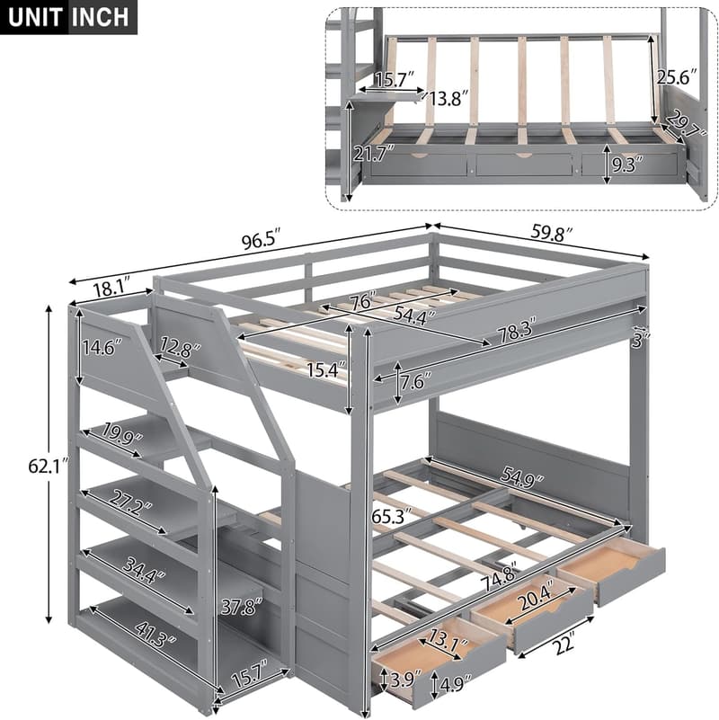 Gray Full Over Full Bunk Bed with Stairs and Storage Drawers