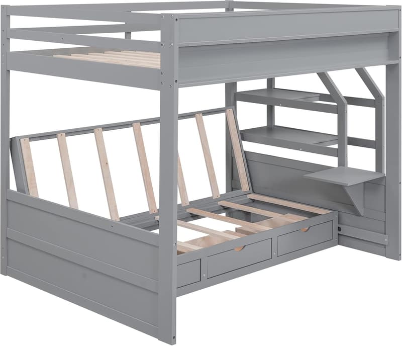 Gray Full Over Full Bunk Bed with Stairs and Storage Drawers