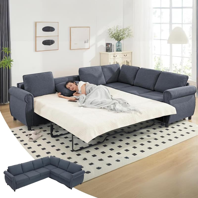 Modern Grey Sleeper Sofa Bed with Pull-Out Mattress
