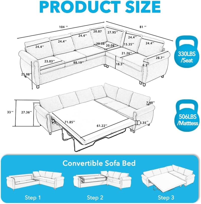 Modern Grey Sleeper Sofa Bed with Pull-Out Mattress