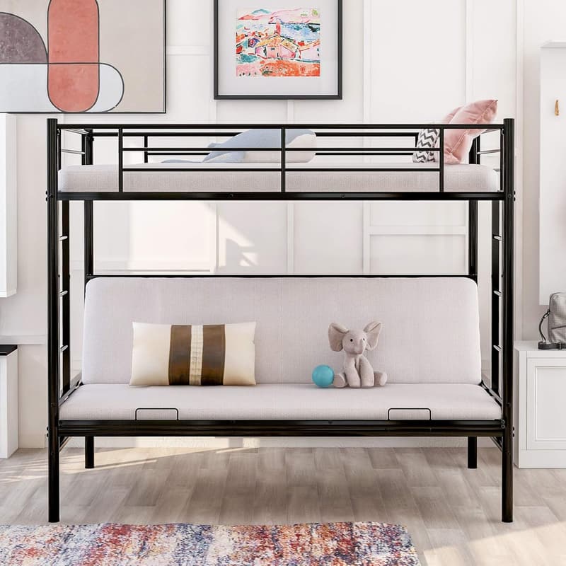 Convertible Twin Over Full Metal Bunk Bed Frame with Guard Rail - Black
