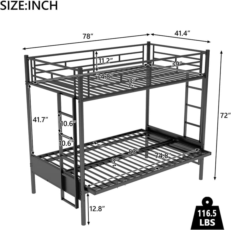 Convertible Twin Over Full Metal Bunk Bed Frame with Guard Rail - Black