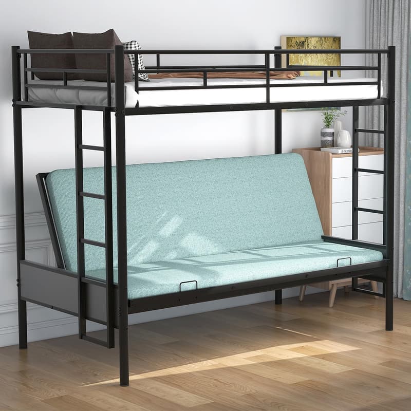 Convertible Twin Over Full Metal Bunk Bed Frame with Guard Rail - Black