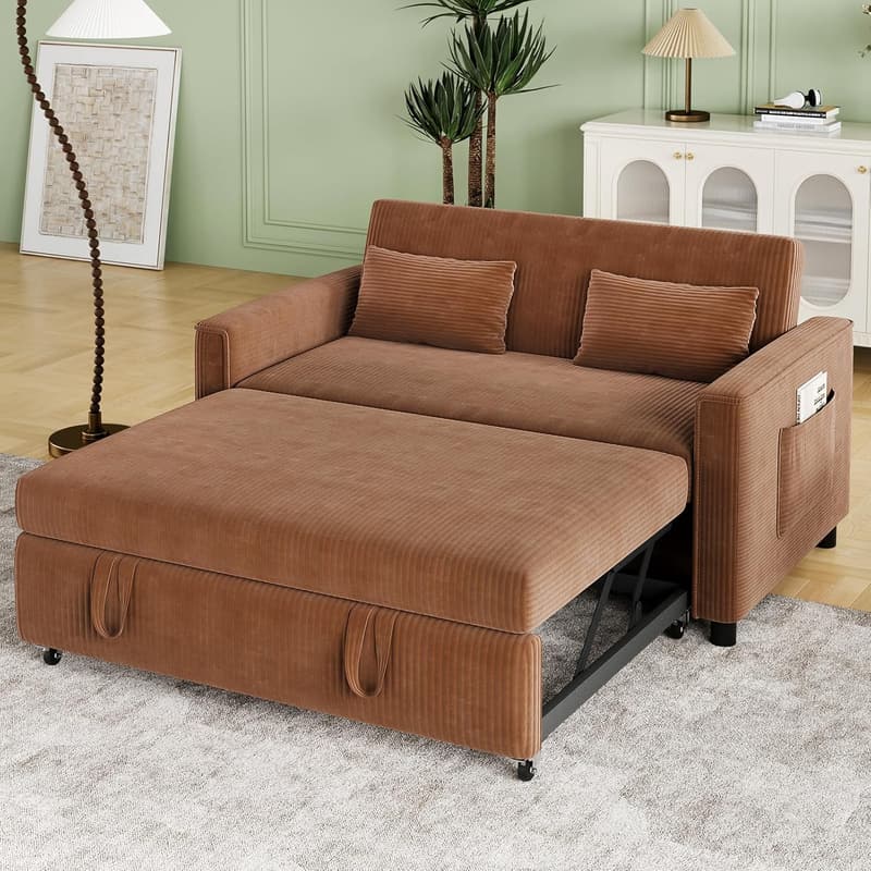 Convertible Corduroy Sofa Bed with Adjustable Backrest & Storage - Brown