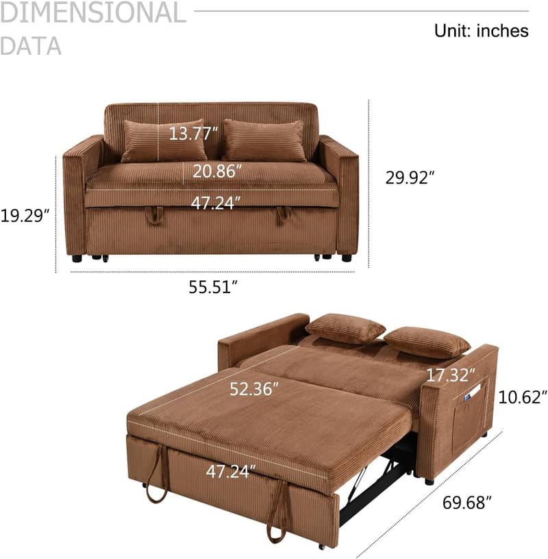 Convertible Corduroy Sofa Bed with Adjustable Backrest & Storage - Brown