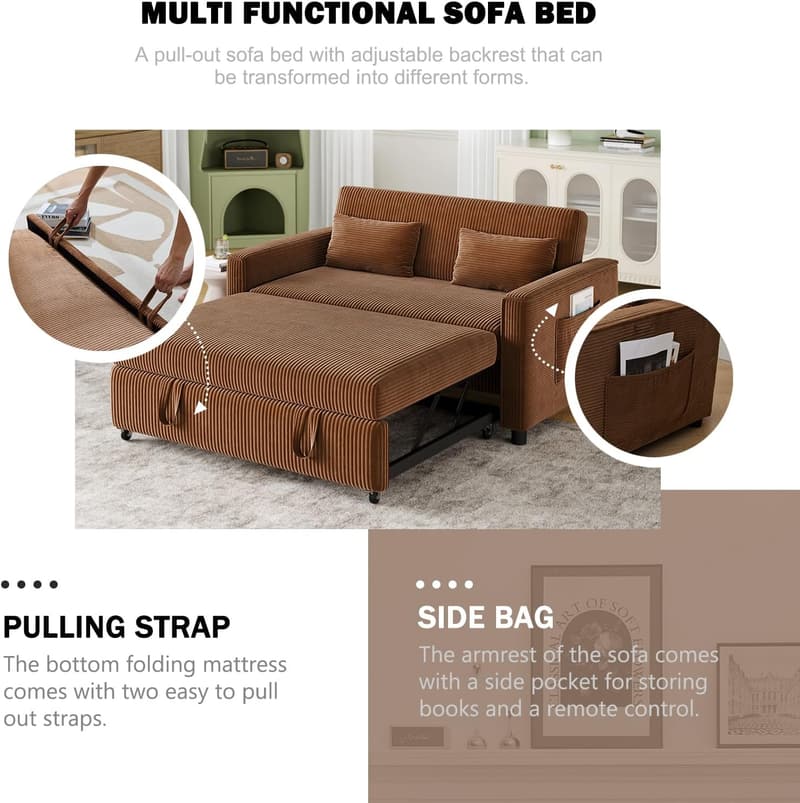 Convertible Corduroy Sofa Bed with Adjustable Backrest & Storage - Brown
