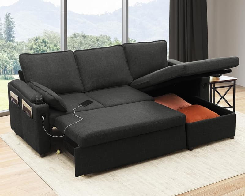 Pull-Out Sleeper Sofa with Storage & USB - Dark Gray Sectional