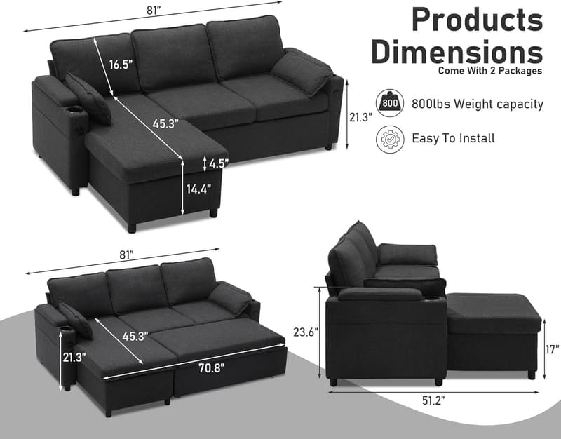 Pull-Out Sleeper Sofa with Storage & USB - Dark Gray Sectional