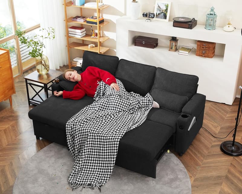 Pull-Out Sleeper Sofa with Storage & USB - Dark Gray Sectional