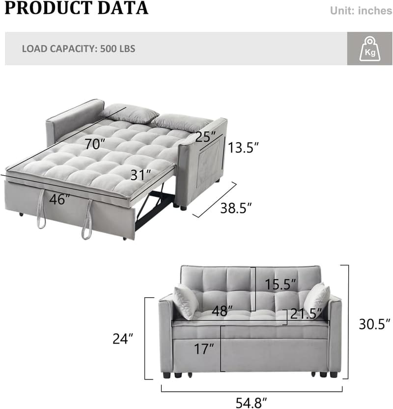 Convertible Sofa Bed with Adjustable Backrest - Modern Grey