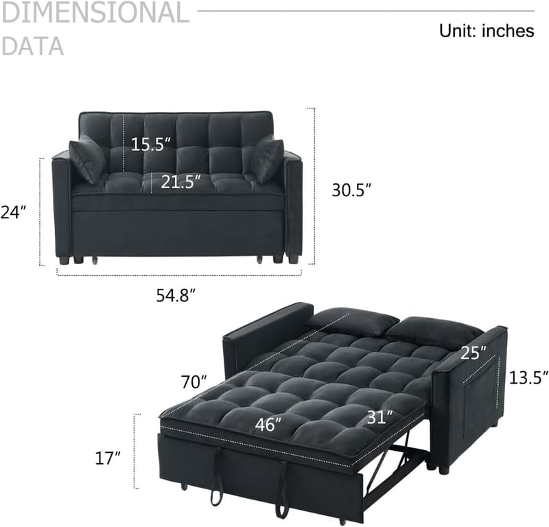 3-in-1 Velvet Sleeper Sofa Bed with Storage and Pillows
