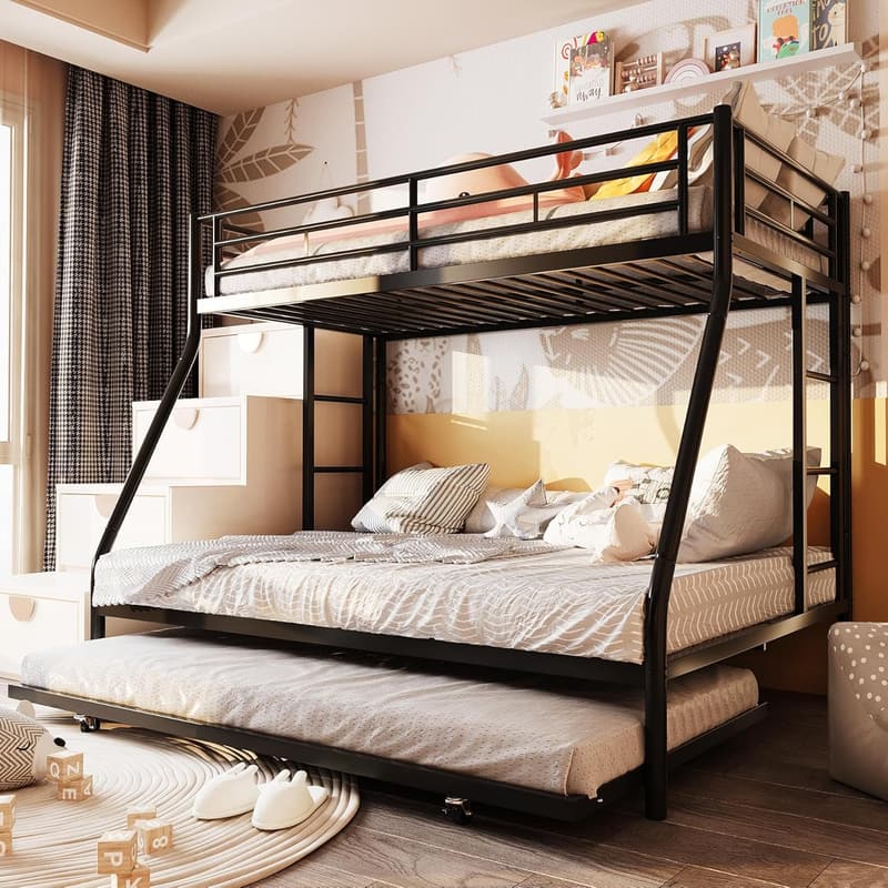 Twin Over Full Bunk Bed with Trundle and Safety Guards, Black
