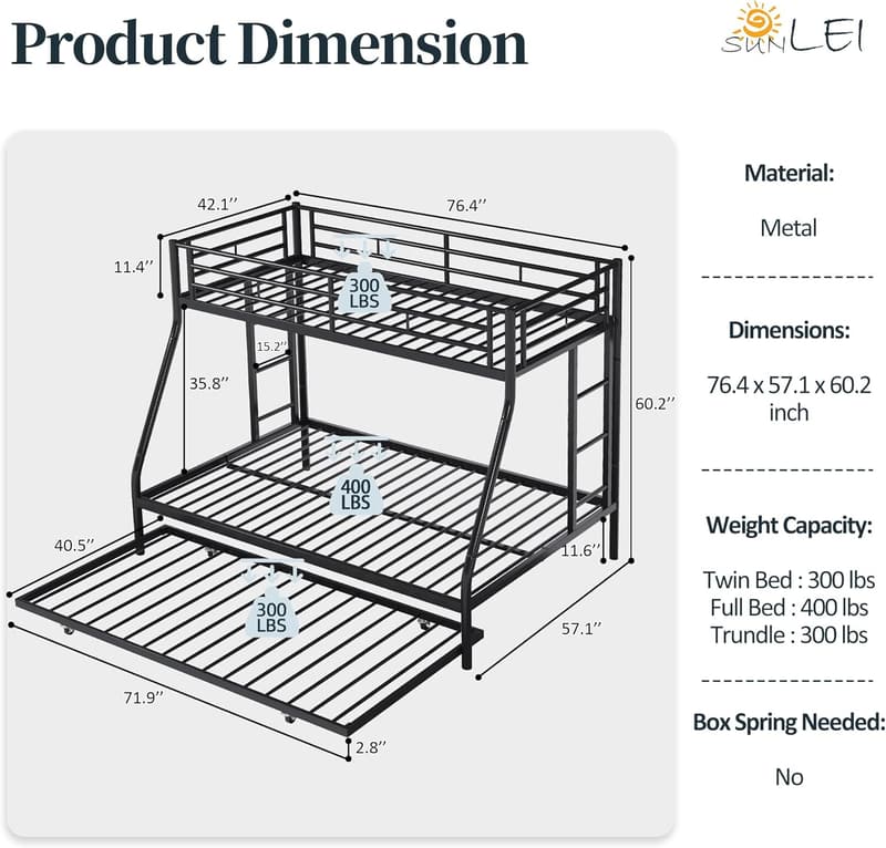 Twin Over Full Bunk Bed with Trundle and Safety Guards, Black