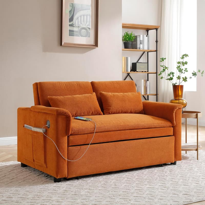 Modern Twin Velvet Sleeper Sofa Bed with USB Ports and Pockets
