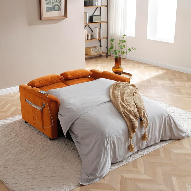 Modern Twin Velvet Sleeper Sofa Bed with USB Ports and Pockets