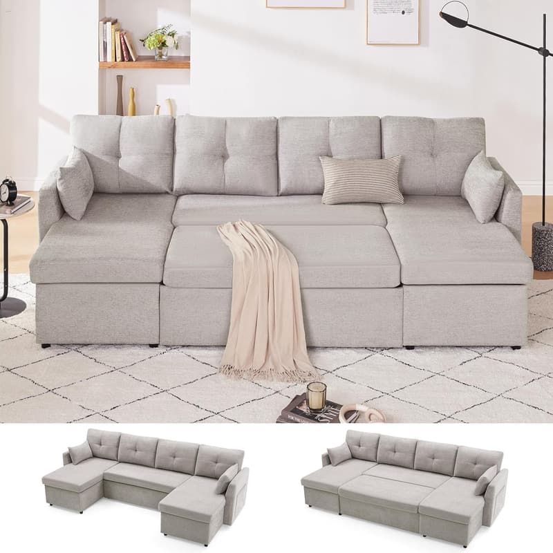 Light Grey 110-Inch Sleeper Sofa Bed with Storage Chaise