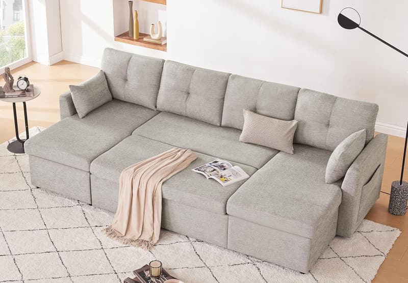 Light Grey 110-Inch Sleeper Sofa Bed with Storage Chaise