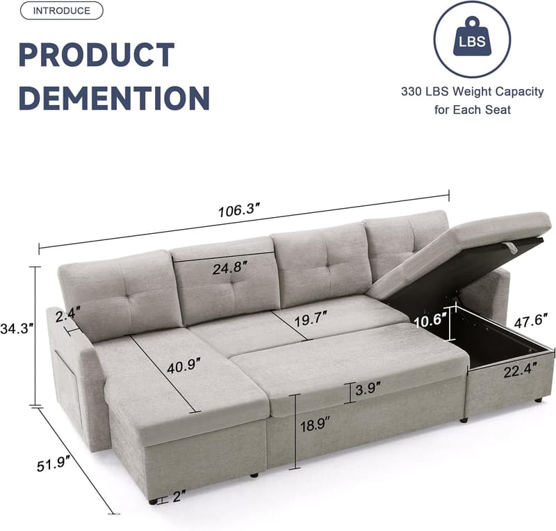 Light Grey 110-Inch Sleeper Sofa Bed with Storage Chaise