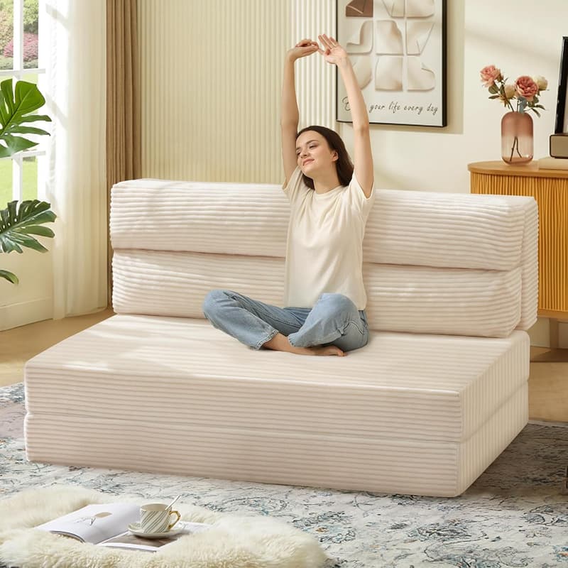 Convertible Sleeper Sofa Bed with Pillow - Portable 2-in-1 Beige Couch