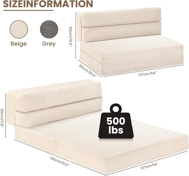 Convertible Sleeper Sofa Bed with Pillow - Portable 2-in-1 Beige Couch