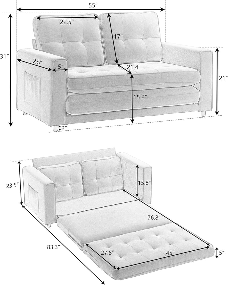 Modern Convertible Futon Sofa Bed with Tufted Upholstery