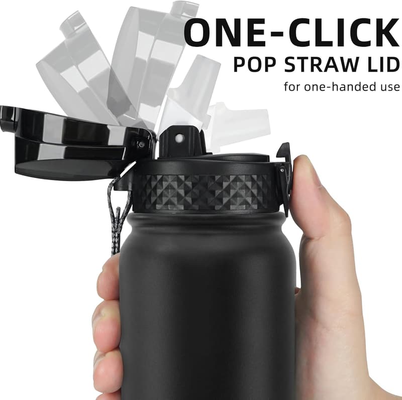 Insulated Stainless Steel Sports Water Bottle - 20 oz, Black