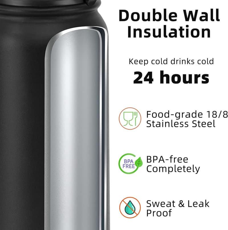 Insulated Stainless Steel Sports Water Bottle - 20 oz, Black