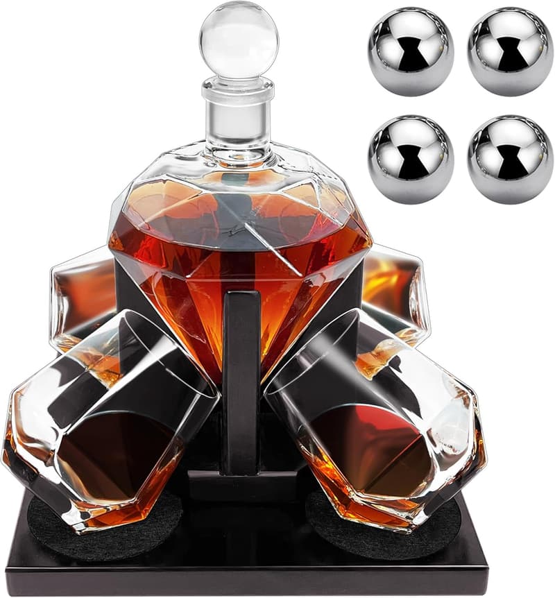 Whiskey Decanter Set with 4 Glasses & Stones for Men
