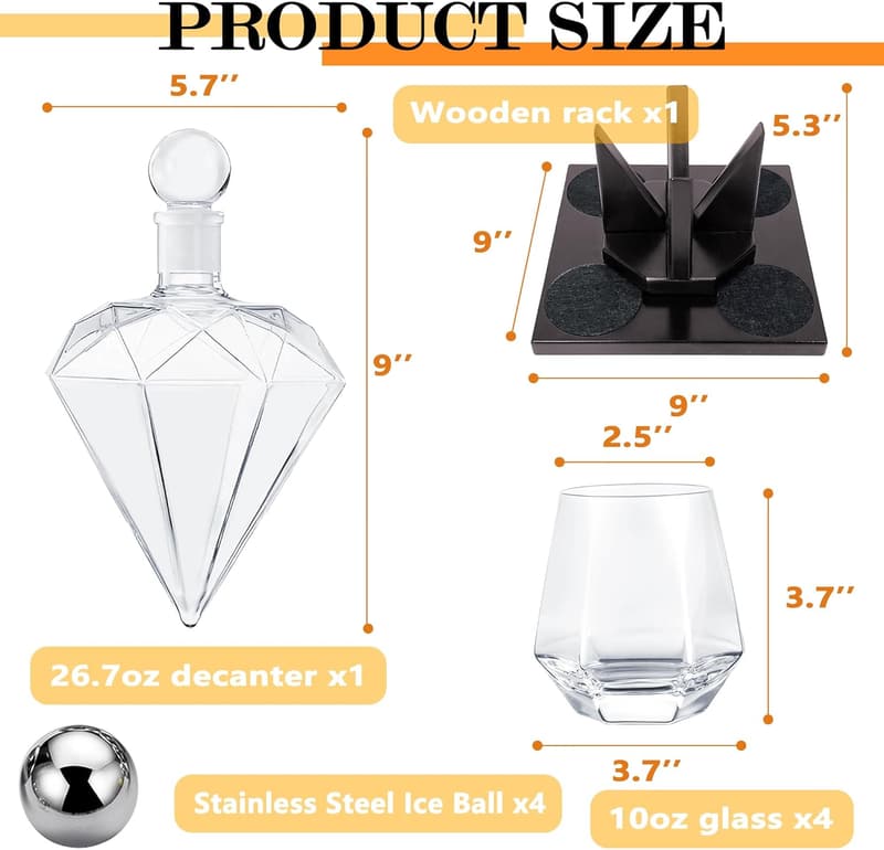 Whiskey Decanter Set with 4 Glasses & Stones for Men