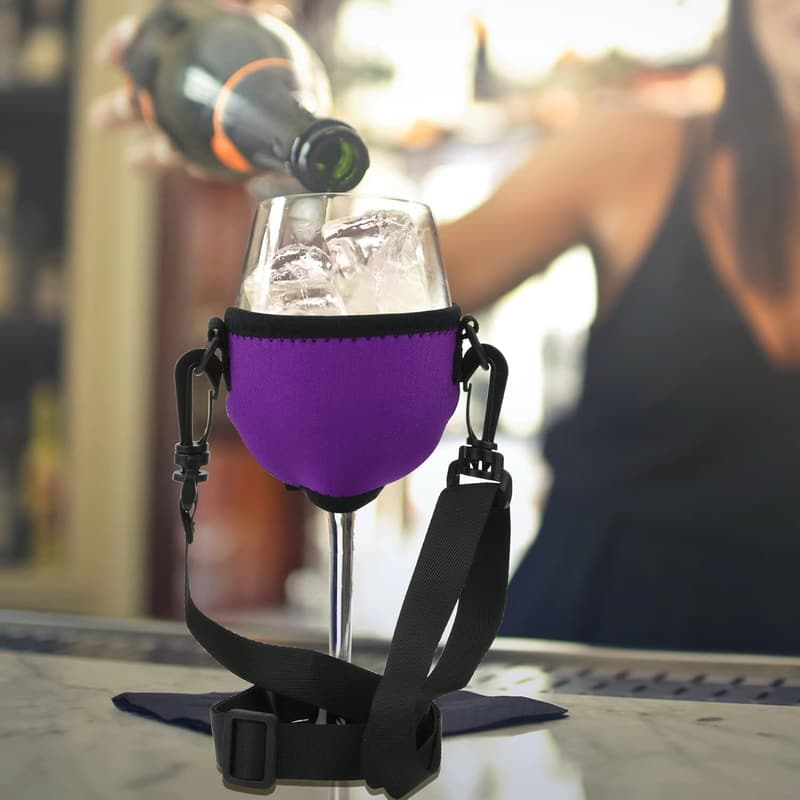 Wine Glass Insulator with Adjustable Strap - Purple Neoprene Holder