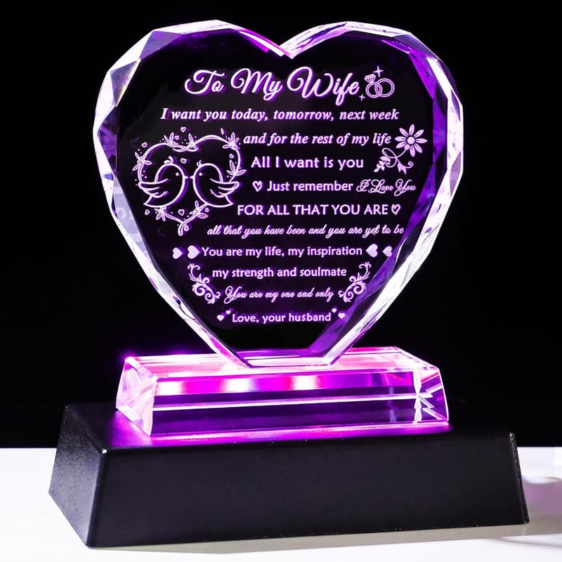 Birthday Gift for Wife - Romantic Crystal Keepsake with LED Base