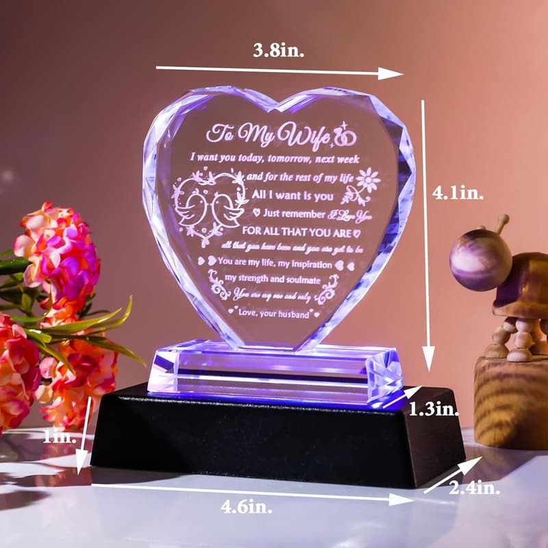 Birthday Gift for Wife - Romantic Crystal Keepsake with LED Base