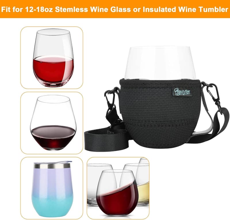 Wine Tasting Festival Stemless Wine Glass Insulator with Strap