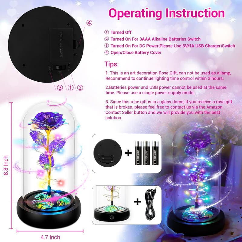 Valentine's Day Light-Up Rose in Glass Dome for Women