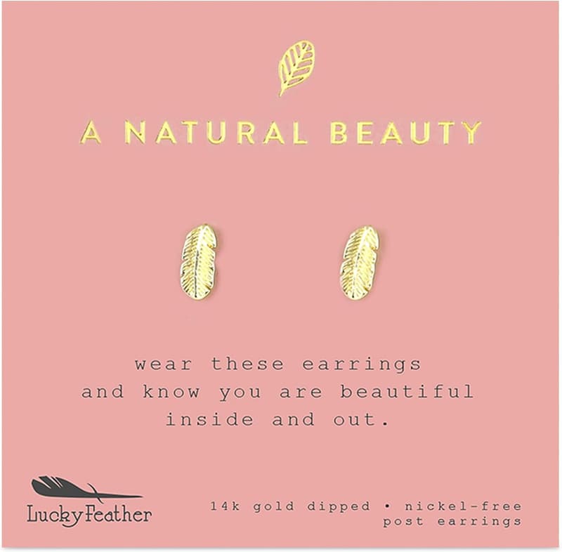 Gold Dipped Lucky Feather Stud Earrings for Women