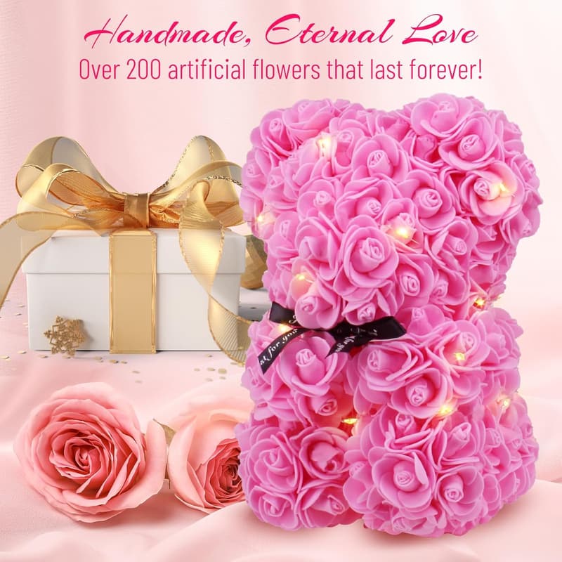 Mothers Day Handmade Rose Bear with LED Light Gift Box