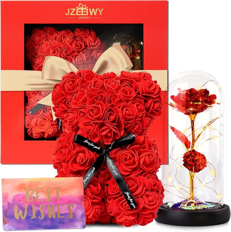 Rose Bear in Glass Dome - Perfect Birthday Gift for Mom