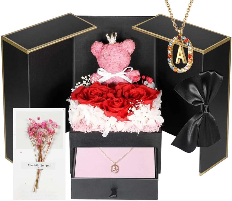 Real Rose Bear Gift Box & Initial Necklace - Unique Birthday Gift