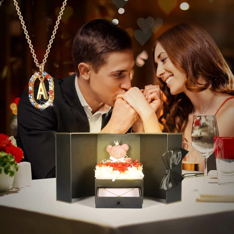 Real Rose Bear Gift Box & Initial Necklace - Unique Birthday Gift