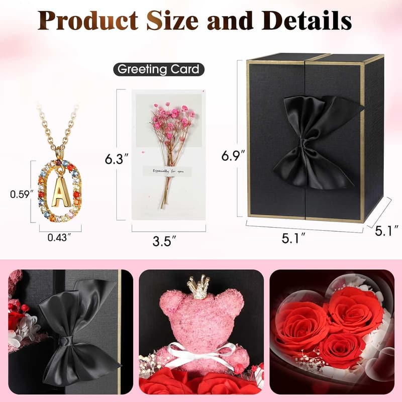 Real Rose Bear Gift Box & Initial Necklace - Unique Birthday Gift