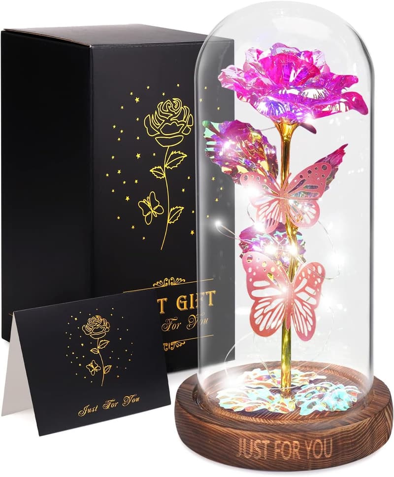 Light Up Rose Butterfly in Glass Dome - Birthday Gift for Women