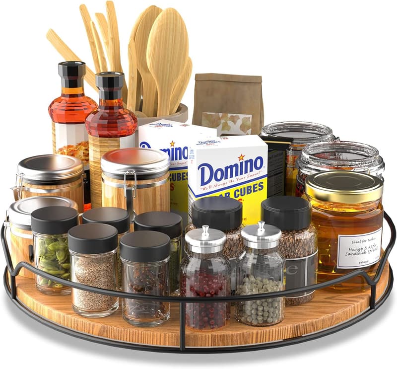 Pine Wood Lazy Susan Organizer with Anti-Slip Mat, 13