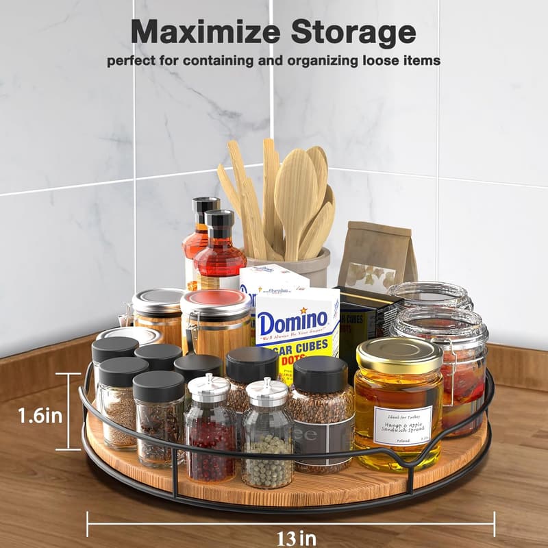 Pine Wood Lazy Susan Organizer with Anti-Slip Mat, 13